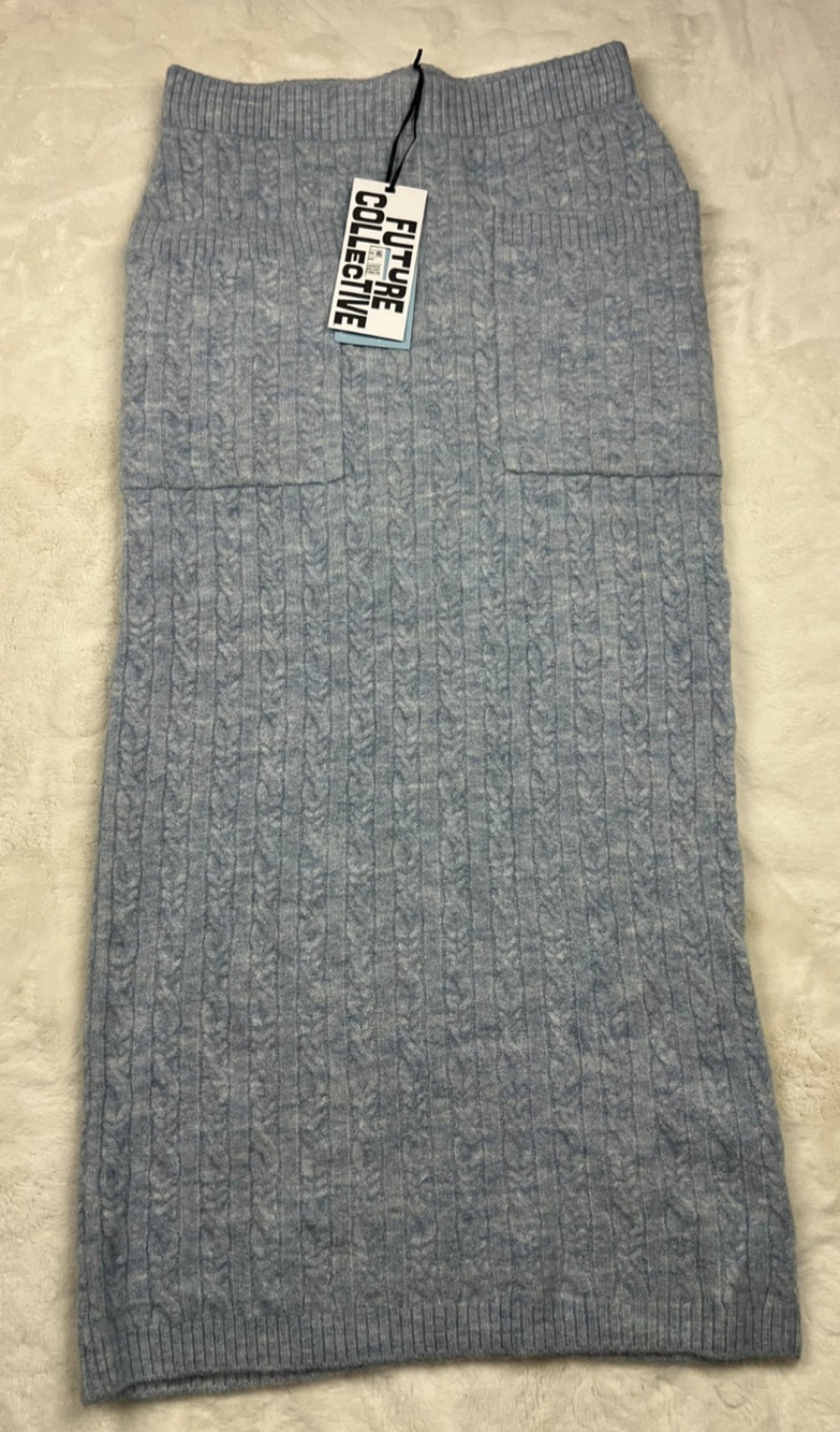 Future Collective Reese Blutstein Womens XS Blue Cable Knit Midi Skirt NWT